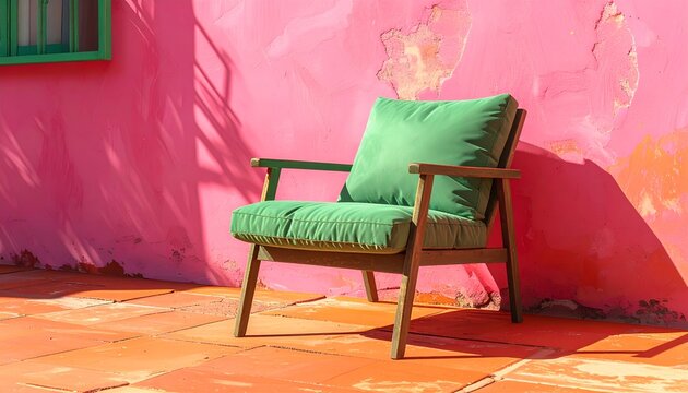 Green cushion chair against pink weathered wall & orange tile patio, bright light