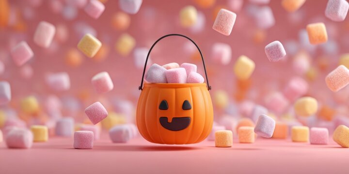 halloween candy bucket, floating colorful marshmallows in the air, pink background