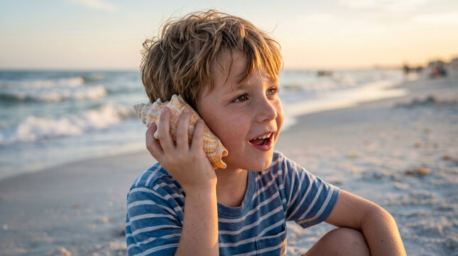 Boy listening to seashell on beach at sunset