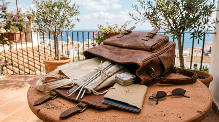 Obraz premium Brown leather backpack and travel items on table overlooking sea