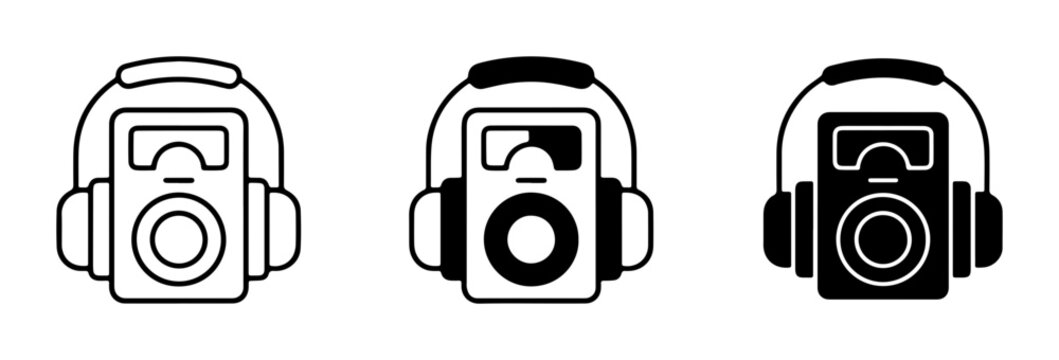 Portable Music Player Icons, Headphones Set, Digital Audio Device Graphics, Sound Entertainment Symbols