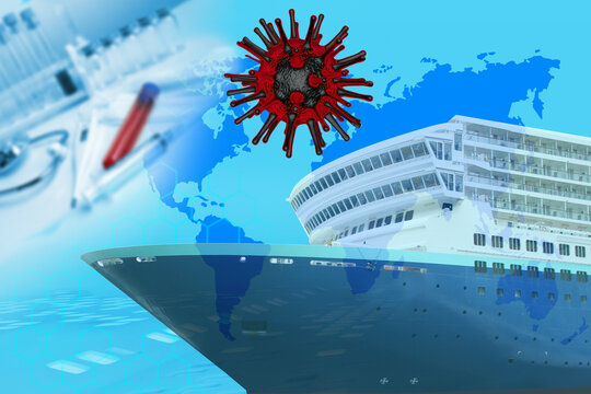 cruise ship, virus outbreak illustration, viral particles supports, sanitation infrastructure, pandemic travel risk, infectious disease spread, quarantine concept, healthcare warning, tourism crisis