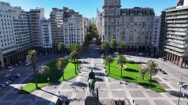 Independence Square In Montevideo Maldonado Uruguay. Drone Capturing The Beauty Square In The Center Of City. Industrial Landscape High Rise Building Vibrant. Industrial Town. Montevideo Maldonado.