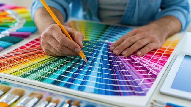 Inspired graphic designer hand holding pencil sketching on blank pad choosing color from palette near digital tablet on studio desk