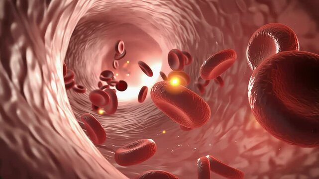 Bloodstream macro view, red blood cells flowing naturally through artery,
subtle glowing particles representing oxygen movement
