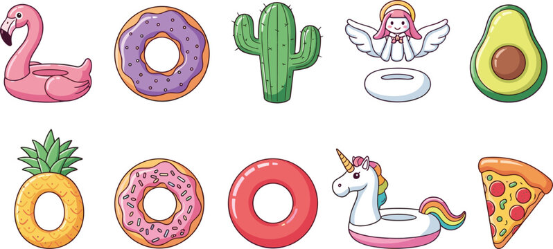 Vector Set of Fun Summer Icons Including Flamingo Pool Float, Donuts, Avocado, Pineapple, and Unicorn for Tropical and Playful Designs.