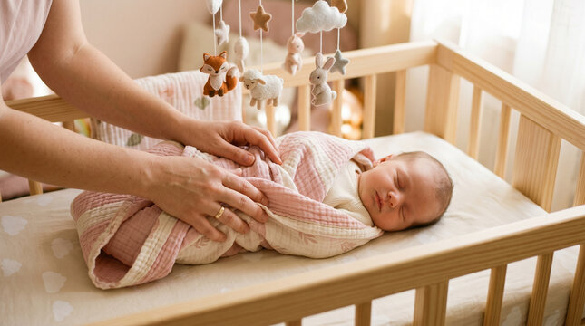 Mother tucking sleeping baby in pink quilt in wooden crib