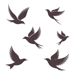 Obraz premium flying bird silhouettes set isolated on white background, minimalist bird icons for logo design and graphic elements, set of black bird silhouettes in different flight poses, vector illustration of bi