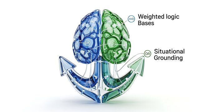 3D render of a brain with anchor, divided into blue and green hemispheres, representing weighted logic bases and situational grounding