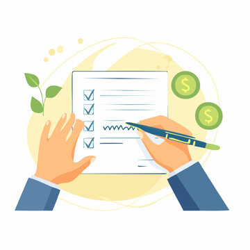 Person checking off items on a list with coins and plant