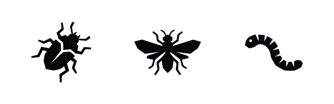 Simple Black Insect Icons Set - Beetle, Bee, and Caterpillar Vector Collection on White Background
