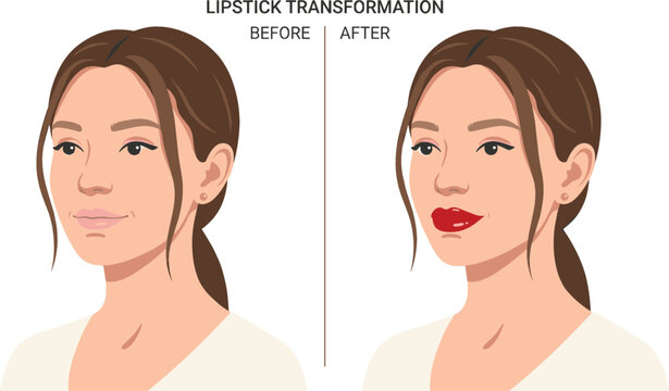 Before and after lipstick transformation featuring young woman applying bold red lip color for beauty makeup tutorial cosmetics marketing and professional skincare routine vector graphic illustration.
