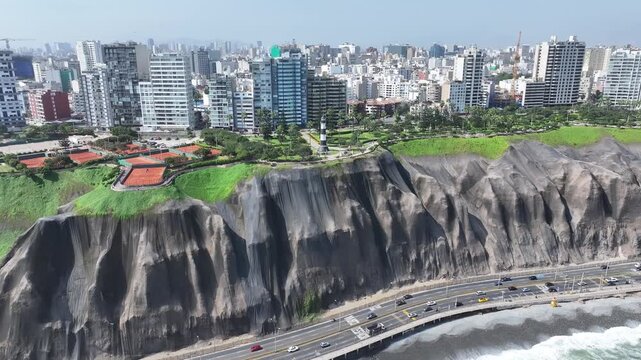 Miraflores Skyline In Lima Capital City Peru. Aerial View Of A Landmark Tall Lighthouse In A Coast Beach. Island Life Landscape Grateful Amazing. Island Life Summertime. Lima Capital City.