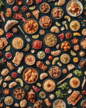 A top-down assortment of delicious food components arranged on a dark backdrop. The image is an appetizing compilation of various culinary items