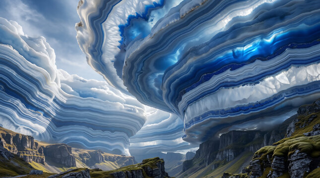 Surreal sky-clouds made of banded blue agate tower over a rocky green valley. This impossible landscape feels awe-inspiring and surreal, blending geological depth with vast scale.