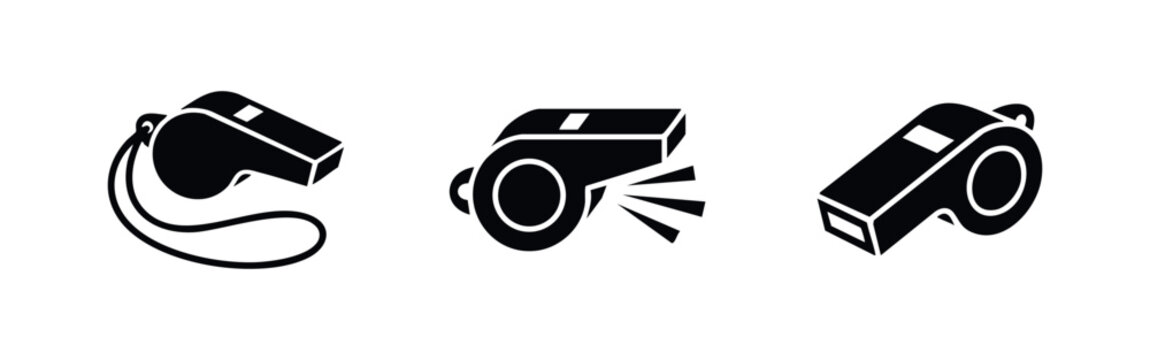 Whistle Icons. Referee, Coach, and Sports Signal Device for Games and Training Vector Set