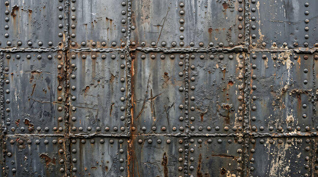 Heavily riveted iron plates, scarred by rust and weld lines, create a gritty, industrial grid. The weathered metal feels cold and imposing, a stubborn relic of brute force and age.