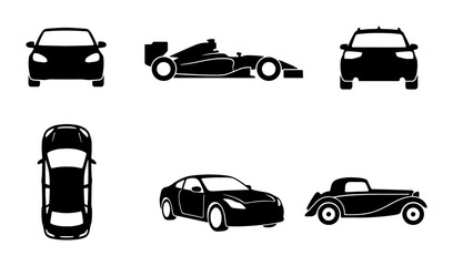 Obraz premium Diverse Car Icons: Modern, Classic, and Racing Vehicles, Front, Side, Top Views