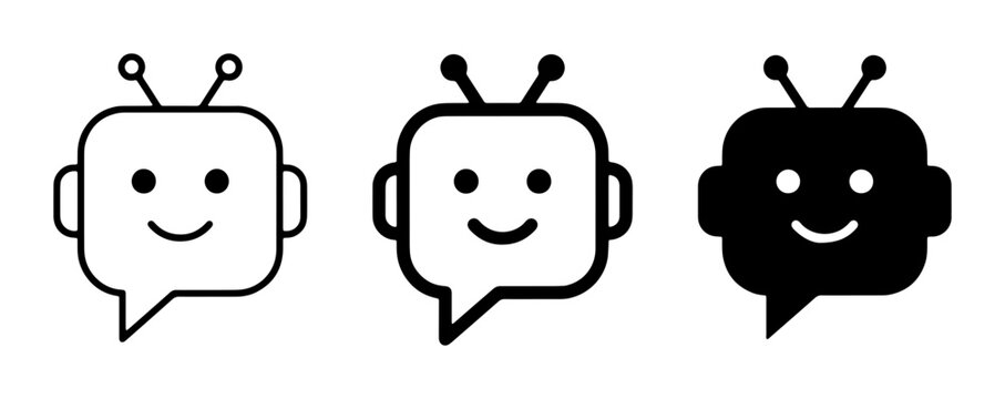 Friendly Robot Chatbot Icons: Line Art, Outline, and Solid Black Vector Graphics for AI and Tech