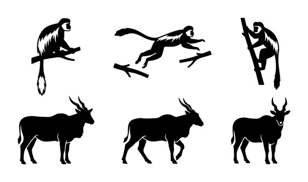 African Wildlife Silhouettes: Primate and Antelope Vector Set, Jungle and Savanna Animals, Black and White Graphic Elements