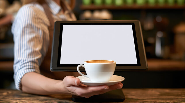 Welcoming barista in cozy cafe serving hot coffee cup in front of blank screen digital payment terminal tablet with friendly hospitality