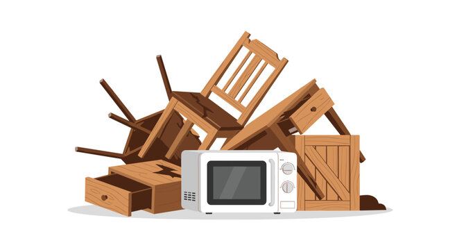 A messy pile of broken wooden furniture and a white microwave oven sits on a white surface with a neutral brown and white color scheme in a flat design.