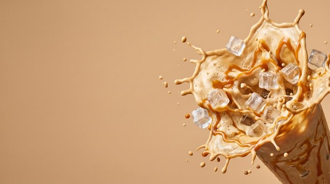 Dynamic thick splash of creamy caramel beverage with ice cubes frozen in motion captured mid air during a vigorous pour creating an artistic fluid explosion against a smooth neutral studio