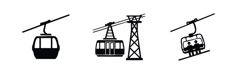 Collection of black icons representing cable cars and ski lifts. © Lili