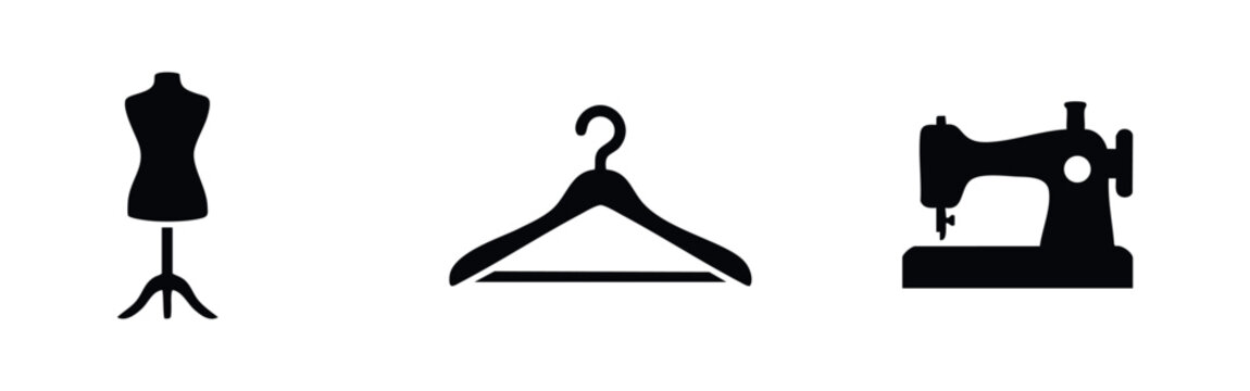 Icons of sewing and fashion tools: mannequin, hanger, sewing machine.