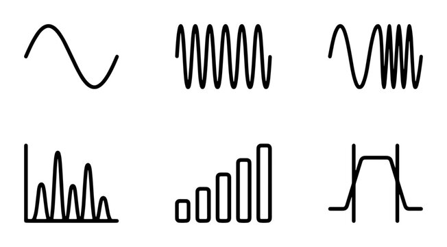 Waveform Icons Set, Audio Signal Graphics, Sound Wave Vector Collection, Electronic Frequency Charts, Music Waveform Illustrations