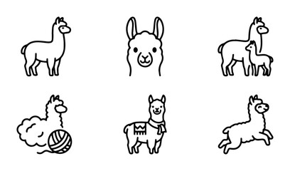 Cute Llama Icon Set, Adorable Alpaca Vector Graphics, Whimsical South American Camelid Illustrations, Simple Line Art Animal Collection © Lima