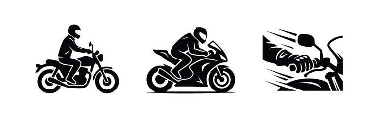 Motorcycle rider icons: classic bike, sport bike, close-up of handlebars. © Lili