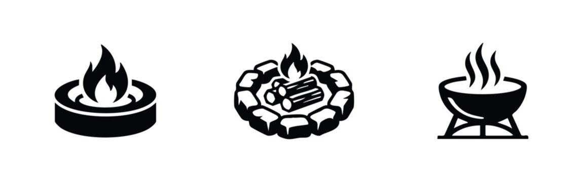 Icons representing outdoor fire elements: fire pit, campfire, grill.