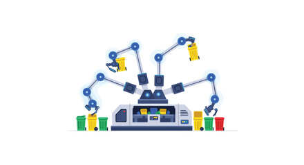 Naklejka premium Automated robotic arms with glowing blue joints actively sort colored waste items into designated recycling bins within a clean industrial environment on white.