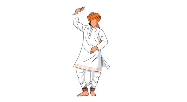 A male dancer performing a traditional Indian folk dance in a white kurta and dhoti with a bright orange turban and ankle bells on a clean white background.