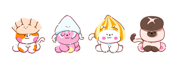 A set of cute photos of cats dressed as vegetables and food. A cat in a dumpling costume, a cat in an octopus hat, a cat in a meatball hat, a cat in a shiitake mushroom hat. © Nattapol