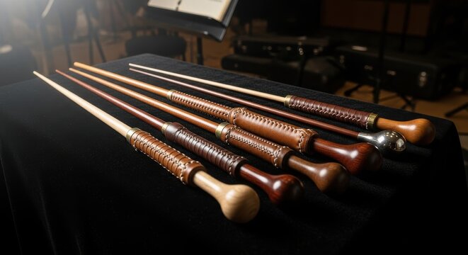 A Set of Vintage Leather-Bound Conductor's Batons Displayed on a Dark Surface