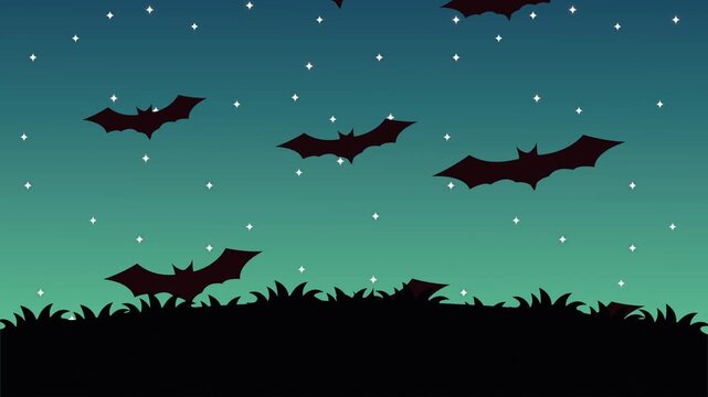 Animated halloween background with bats flying over black grass silhouette against starry night sky during dusk.