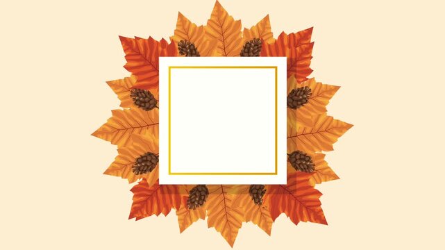 Animated autumn season frame with falling leaves and pine cones motion graphics for seasonal promotion.