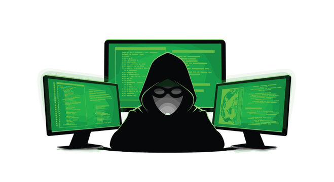 Mysterious hooded figure with a masked face, surrounded by luminous green computer screens showing programming code.