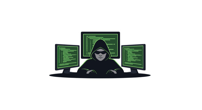 Hacker in a dark hood and sunglasses operating multiple green-lit computer monitors filled with programming code.