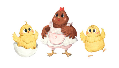 A set of watercolor illustrations of a hen and her chicks © Anna Bastron