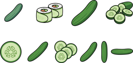 Fresh green cucumbers whole sliced and in sushi rolls on a white background © REYAD