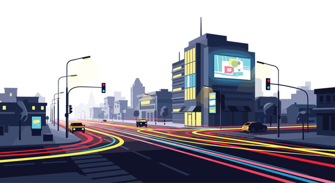 An urban city street intersection at night features vibrant multi-colored light trails from moving traffic with illuminated building advertisements and stoplights.