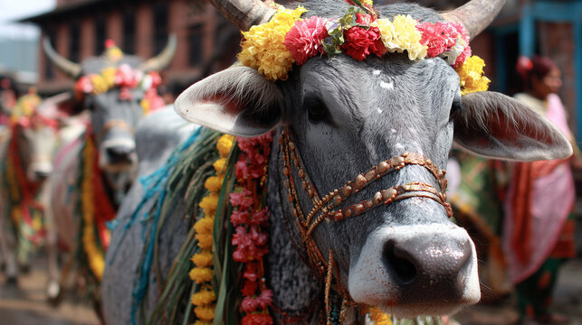 Vibrant Gai Jatra Festival celebration with decorated cows marching