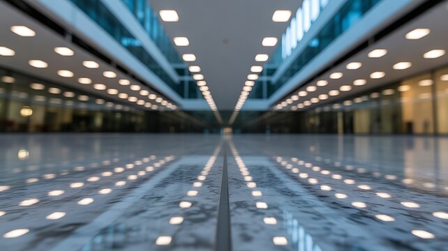 Modern symmetric office building atrium with reflections on polished floor