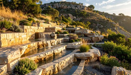Obraz premium Cascading Limestone Terraces with Water Features on a Sunlit Hillside Landscape