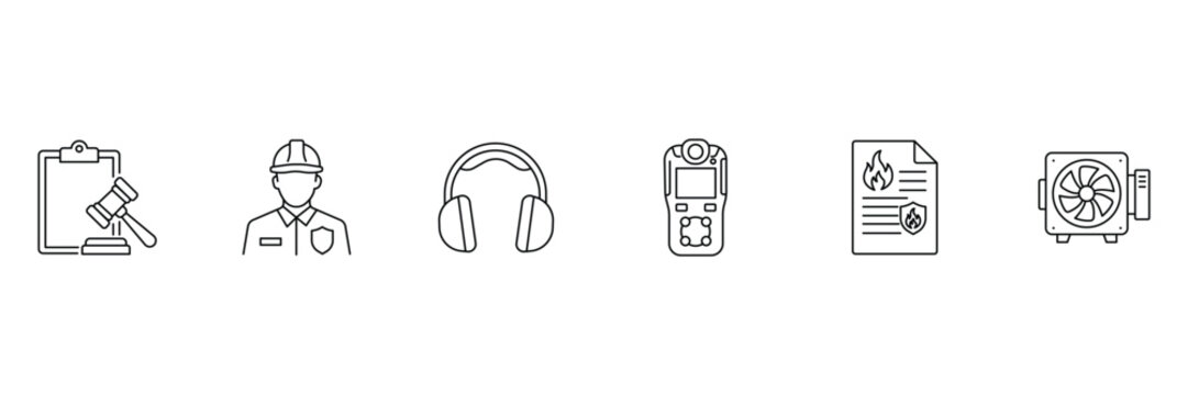 Industrial safety and compliance line icon set featuring legal gavel worker helmet earmuffs gas detector fire prevention document and ventilation fan vector illustration.