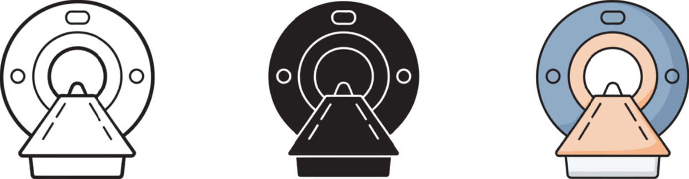 Medical MRI scanner vector illustration icon featuring hospital diagnostic equipment, tomography symbol, radiology health check concept, magnetic resonance imaging and patient clinic technology 