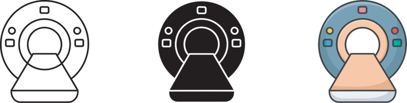 MRI scanner hospital diagnostic icon set with magnetic resonance imaging machine, radiology examination symbol, patient health check technology, medical imaging equipment, professional flat vector 
